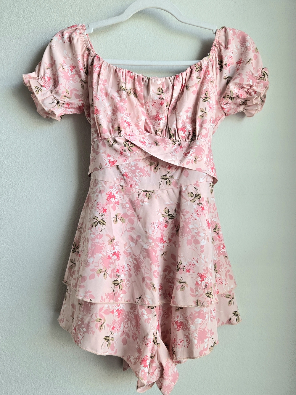 SHEIN Pink Floral Off-Shoulder Tiered Mini Dress, Sz 2